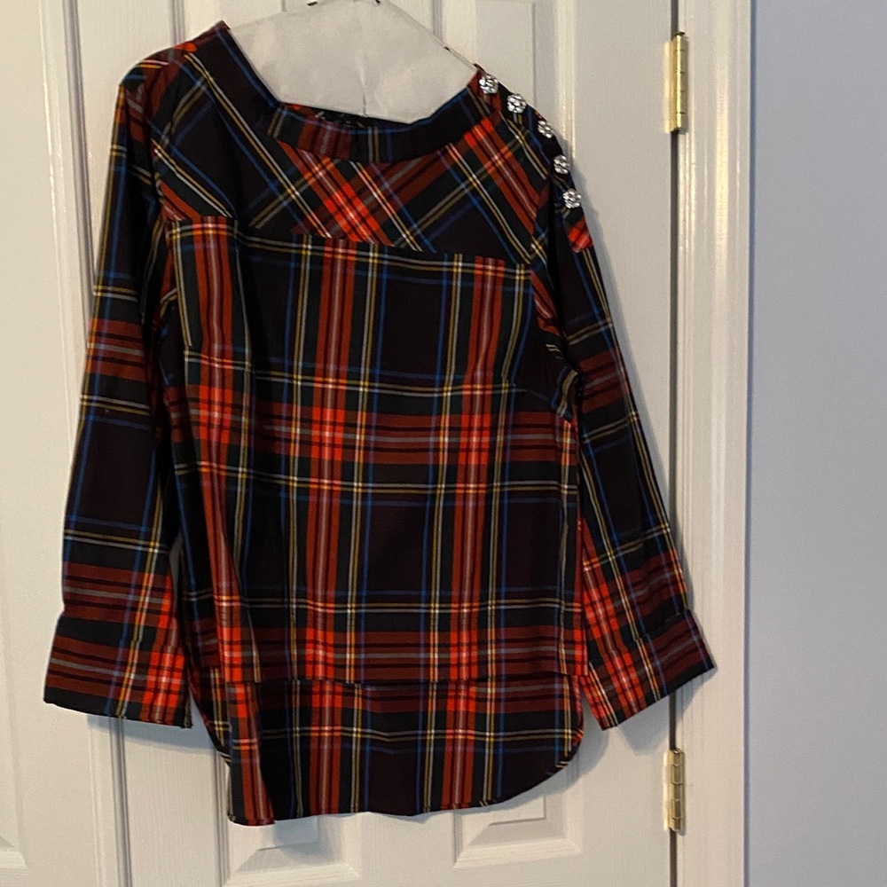I crew Plaid Women's Top with crystal Button Detail